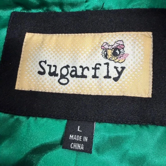 Sugarfly Girls Double-Breasted Flared Skirt Detail Black Wool Blend Peacoat Sz L - Picture 3 of 9